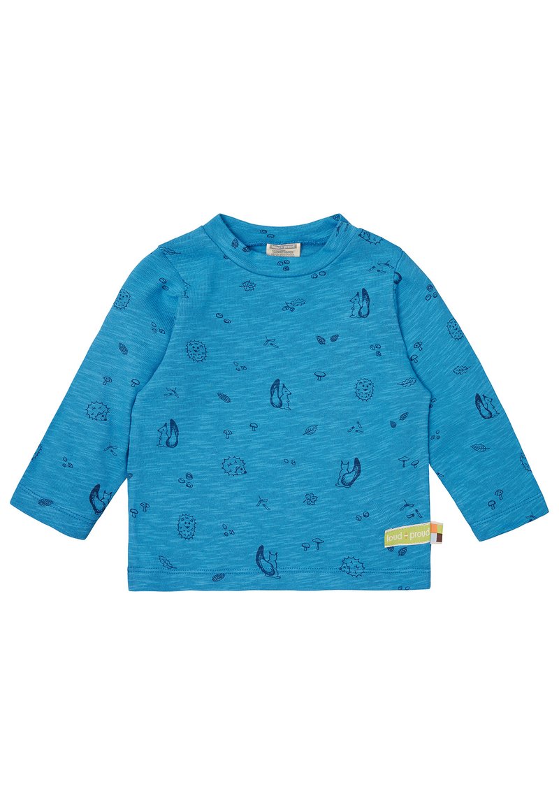 Langarmbluse in Blau aus weichem Stoff mit einem marineblauen Tier- und Naturdruck, runder Ausschnitt und genähtem Etikett am Saum.