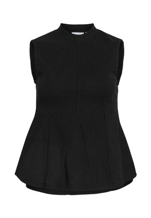 Top noir sans manches avec col haut, taille ajustée et ourlet évasé, présentant des coutures verticales pour la structure.