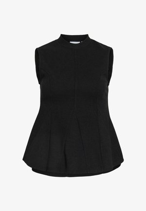 Top noir sans manches avec col haut, taille ajustée et ourlet évasé, présentant des coutures verticales pour la structure.