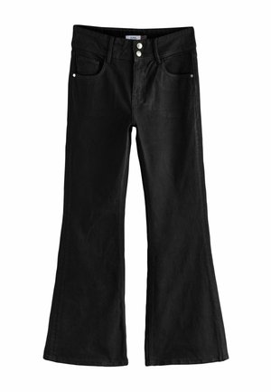 Schwarze Schlagjeans aus Denim, mit fünf Taschen, einem Reißverschluss und Knopfverschluss sowie dezenten Nähdetails an den Nähten.