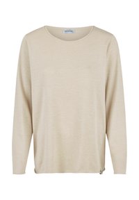 Beige langärmeliges Oberteil mit rundem Ausschnitt, geripptem Textureffekt, weiter Passform und einem seitlichen Saum, der durch ein kleines Knopfdetail betont wird.