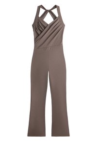 Salopetă maro fără mâneci, cu bretele încrucișate, corset adunat, cusătură diagonală și pantaloni evazați.