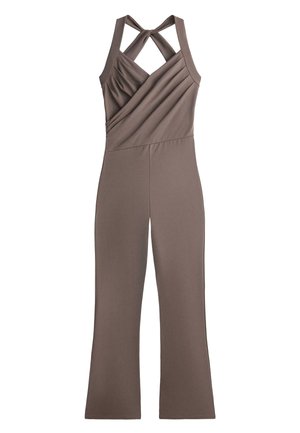 Salopetă maro fără mâneci, cu bretele încrucișate, corset adunat, cusătură diagonală și pantaloni evazați.