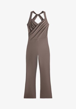 Brun ærmeløs jumpsuit med krydsede stropper, rynket overdel, diagonal søm og bukser med vide ben.