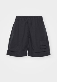 Black cargo shorts with an elastic waistband, featuring a side pocket and a loose fit. Made of lightweight fabric, with a smooth texture.