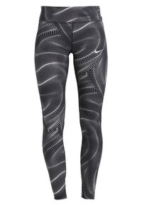 Leggings de color negro y gris con un diseño de espiral, cintura alta y tela elástica para mayor comodidad y movilidad.