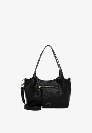 Sac à main en cuir noir texturé avec deux poignées supérieures, poche avant zippée et bandoulière amovible, marqué d'un petit logo argenté.
