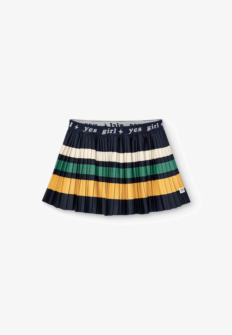 Jupe plissée à rayures horizontales bleu marine, crème, verte et jaune, avec une ceinture bleu marine portant le texte "yes girl" et des éclairs.