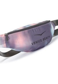 Fanny pack in purple gradient color with pink and blue hues, featuring a black zip closure and "VENICE BEACH" logo printed in black.