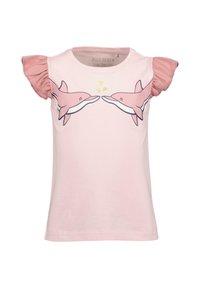 Lyserød bomulds T-shirt med flæser på de korte ærmer. Har et delfin-grafik og gule hjerter. Enkel rund halsudskæring og lige kant.