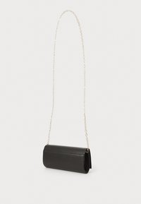 Black leather clutch bag with a gold chain strap, rectangular shape, smooth texture, and minimalist design.