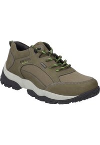 Herren-Wanderschuh in Olivgrün und Tan, aus Wildleder und Mesh-Materialien, mit grünen Schnürsenkeln und einer robusten schwarzen Gummisohle. Leichtes Design.