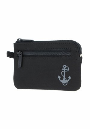 Small black zippered pouch with an external zip pocket and a gray anchor graphic on the lower right corner.