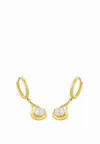 Pendientes de aro de oro con colgantes en forma de lágrima, cada uno engastado con una única piedra preciosa redonda transparente.