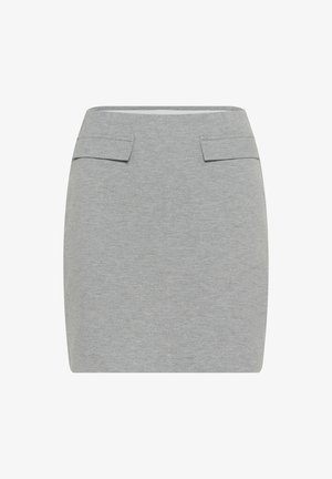 Szürke, testhez álló ceruzaszoknya puha anyagból. Két elülső zsebbel és letisztult, sima derékrésszel rendelkezik. Egyszerű design, díszítések nélkül.