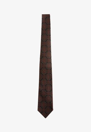 Black necktie with red and beige circular floral patterns evenly spaced along its length.