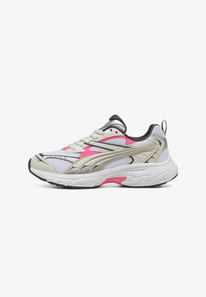 Sport sneaker in white, beige, and pink. Mesh upper with silver accents. Rounded toe, cushioned sole, and textured details on sides.