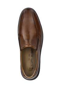 Brown leather slip-on shoe with textured upper, perforated detailing, and a cushioned insole. Rounded toe and black rubber sole.