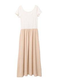 Robe en coton avec un haut blanc et une jupe beige froncée. Présente des manches courtes et un décolleté arrondi. Tissu doux et texturé.