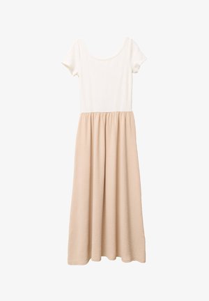 Baumwollkleid mit einem weißen Oberteil und einem beigen, gerafften Rock. Mit kurzen Ärmeln und einem runden Ausschnitt. Weicher, strukturierter Stoff.