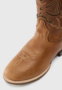 Stivale da cowboy in pelle marrone con cuciture decorative e disegni a intaglio sul gambale, punta affusolata e tacco impilato.