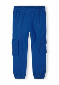 Pantalon bleu à taille élastique avec ourlets élastiques et deux poches cargo latérales à rabats, présenté à plat sur un fond blanc.