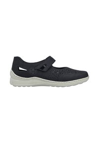 Schwarze Mary Jane-Schuhe mit ausgestanzten Mustern, verstellbarem Riemen und weißer Gummisohle. Hergestellt aus strukturiertem Material und mit abgerundeter Zehe.
