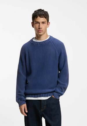 Ung mand med kort mørkt hår iført en blå strikket sweater over en hvid skjorte og mørke jeans, stående mod en ensfarvet hvid baggrund.