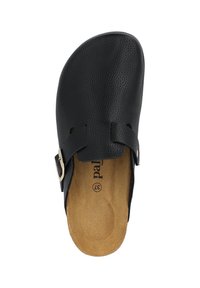 Black leather slip-on sandal with textured surface, dual straps, and silver hardware. Contoured brown footbed with logo imprint.
