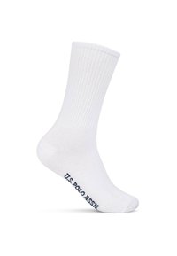 Weiße Baumwollsocke mit Rippstruktur und verstärkter Ferse, mit dunkelblauem "U.S. POLO ASSN." Logo nahe der Zehenpartie.