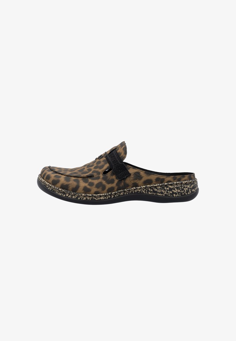 Leopard-print clogs with black accents, featuring a textured strap, rounded toe, and a speckled sole. Lightweight material for comfort.