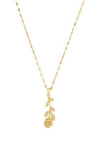 Collana d'oro con una delicata catena e un pendente a forma di gambo di rosa con foglie e un fiore in fiore alla base.