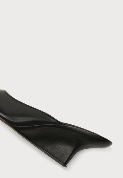Chaussure plate noire à bout pointu avec une tige en cuir lisse et élégante et un petit talon sur un fond clair uni.