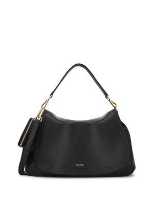 Sac à main en cuir noir avec rabat incurvé, ferrures dorées, bandoulière amovible et petite pochette fixée sur le côté.