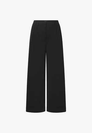 Pantalones de pierna ancha negros, confeccionados con una tela suave, que presentan una cinturilla entallada, pliegues delanteros y puños enrollados para un acabado pulido.