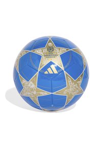 Modrá fotbalová míč s zlatými hvězdami, vyraženým logem UEFA Champions League a brandingem Adidas. Hladký, lesklý povrch s šitými švy.