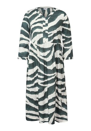 Printed dress with a V-neck, three-quarter sleeves, and a gathered waist. It features a green and white striped pattern resembling zebra stripes.