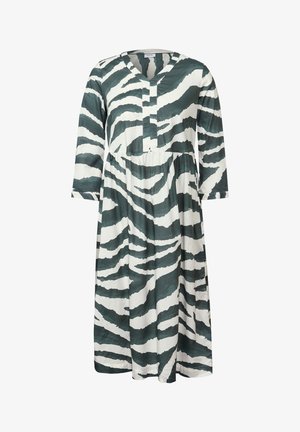 Printed dress with a V-neck, three-quarter sleeves, and a gathered waist. It features a green and white striped pattern resembling zebra stripes.