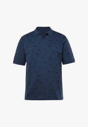 Námořnická modrá polo košile vyrobená z bavlny, s jemným vzorem palem a hor, krátkým rukávem a dvouknoflíkovou légou.