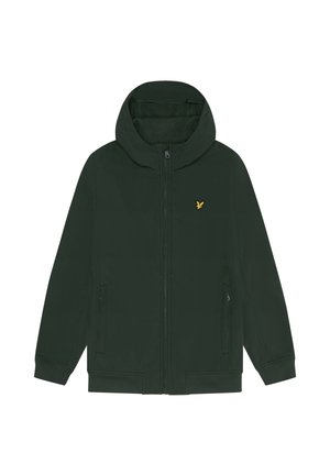 Donkergroene ritsjack met capuchon, voorzien van een klein gouden embleem op de borst. Glad stoffen met zijzakken en geribbelde manchetten.