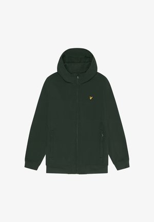 Giacca a zip verde scuro con cappuccio, caratterizzata da un piccolo emblema dorato sul petto. Tessuto liscio con tasche laterali e polsini a coste.