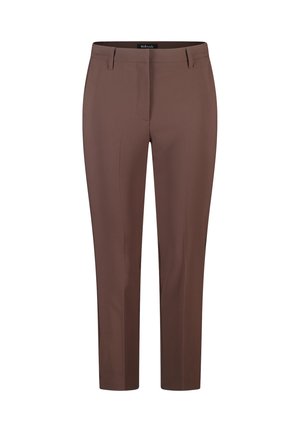 Bruine op maat gemaakte broeken met een gladde textuur, voorzien van riemlussen, schuine voorzakken en een cropped ontwerp net boven de enkels.