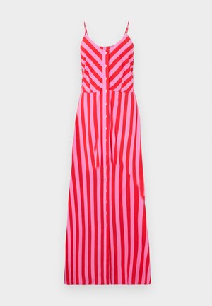 Randig maxiklänning med tunna axelband, prydd med röda och rosa vertikala ränder, en knappstängning fram och en figursydd midja.