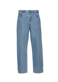 Light blue denim jeans with a high waist, straight leg design, two front pockets, and a single button closure. Classic indigo stitching accents.