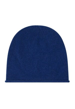 Effen donkerblauwe gebreide muts met een kleine opgerolde rand aan de onderkant.