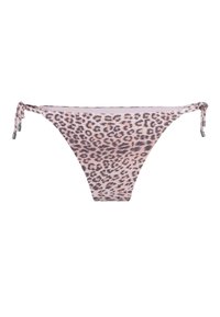 Bikini onderstuk met luipaardprint in lichtroze en bruin, met verstelbare strikjes aan elke kant en een gladde, zachte textuur.
