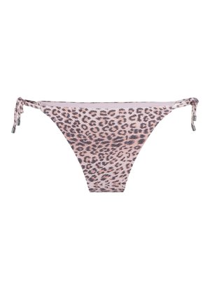 Parte inferiore di bikini con stampa leopardata in rosa chiaro e marrone, caratterizzata da lacci regolabili su ciascun lato e una texture liscia e morbida.