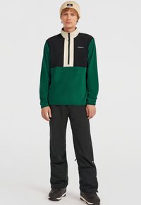 Groene en zwarte pullover met een kwart-rits, beige paneel en geborduurd logo. Gecombineerd met zwarte broek en donkere schoenen. Casual ontwerp.