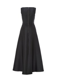 Schulterfreies schwarzes Abendkleid mit tailliertem Oberteil, ausgestelltem Rock und zentralem Reißverschluss am Rücken, der von oben bis zur Taille reicht.