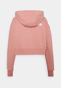 Sweat à capuche court rose clair avec manches longues, poignets côtelés et capuche, avec un petit logo blanc sur la partie haute du dos côté droit.